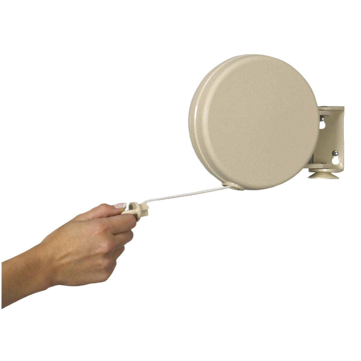 Hand pulling beige retractable clothesline housing mounted on wall for laundry and home use