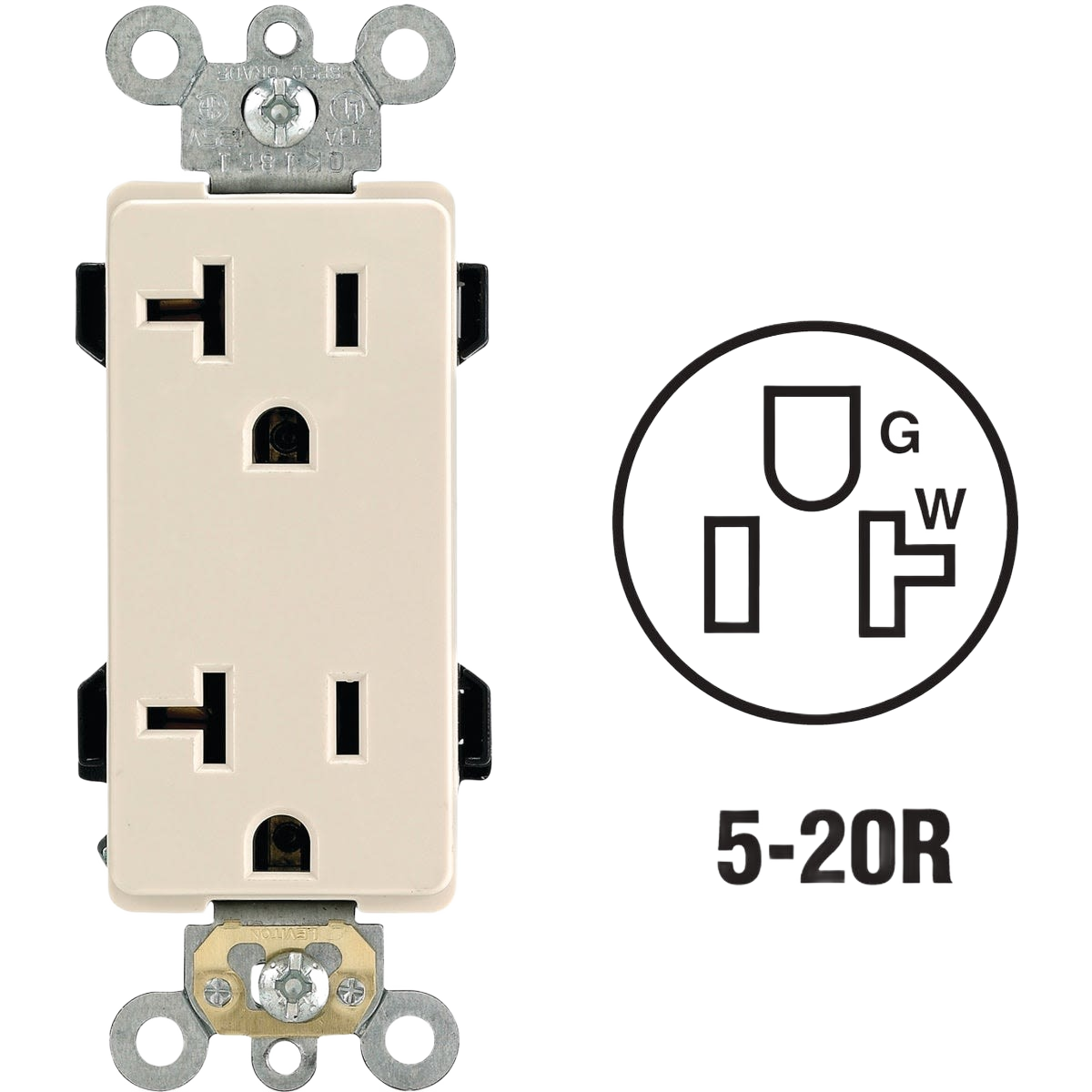 Light almond 20A residential grade duplex outlet with 5-20R configuration for home improvement projects