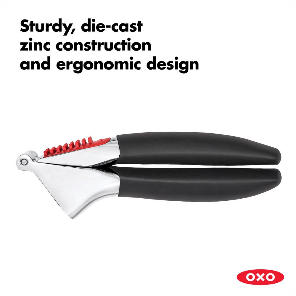 Garlic press with die-cast zinc body and black ergonomic handles for kitchenware and home tools under $50 collections