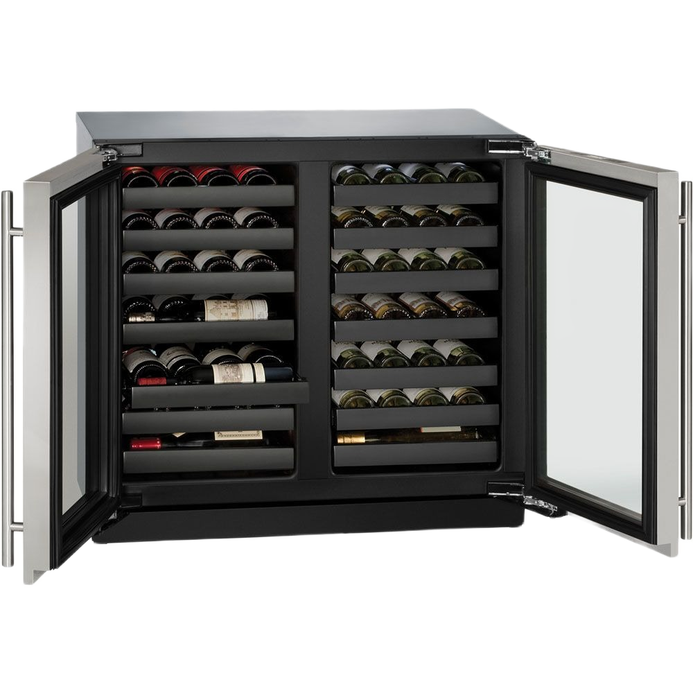36-inch modular wine cooler with stainless steel frame, double glass doors, lock, and adjustable black shelving
