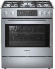 stainless steel 30-inch dual fuel slide-in range with metal knobs and digital touch controls from Bosch appliances collection