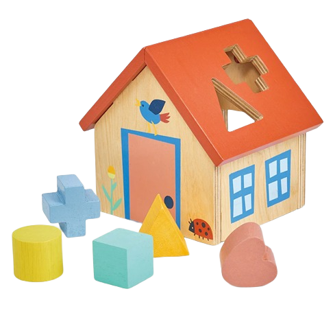 Wooden shape sorter house toy with colorful geometric blocks including heart, triangle, cube, cylinder, and cross shapes