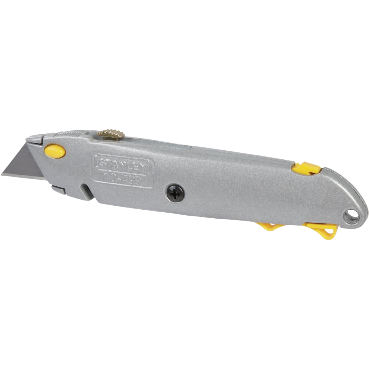 Silver retractable utility knife with quick blade change and yellow accents for woodworking and cutting tool use under $50 collections