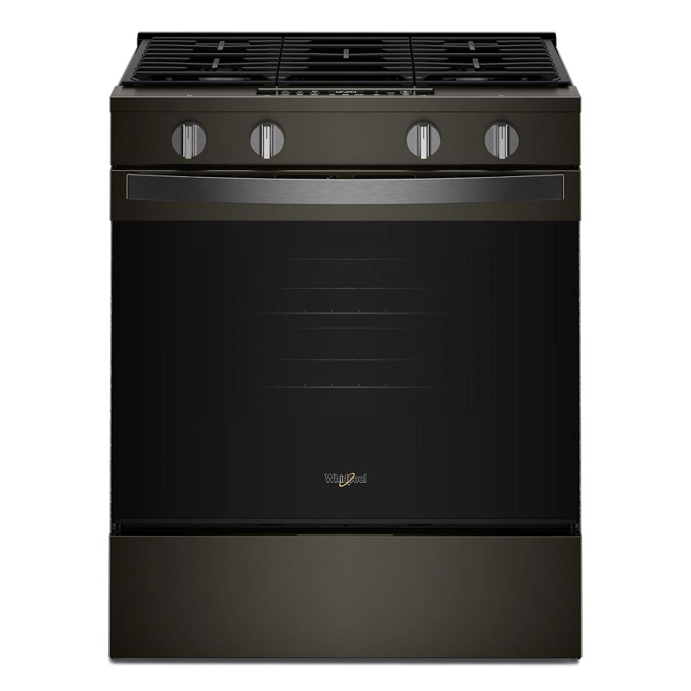 Front view of a dark stainless steel 30-inch gas smart range with four control knobs, continuous black grates, and large oven door, ideal for ranges and kitchenware collections.