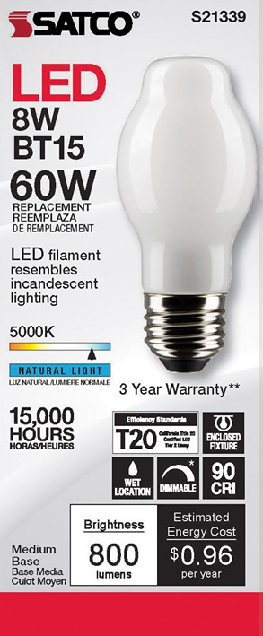 Energy-saving 8 watt BT15 LED bulb with medium base emitting natural light for tools and home improvement use