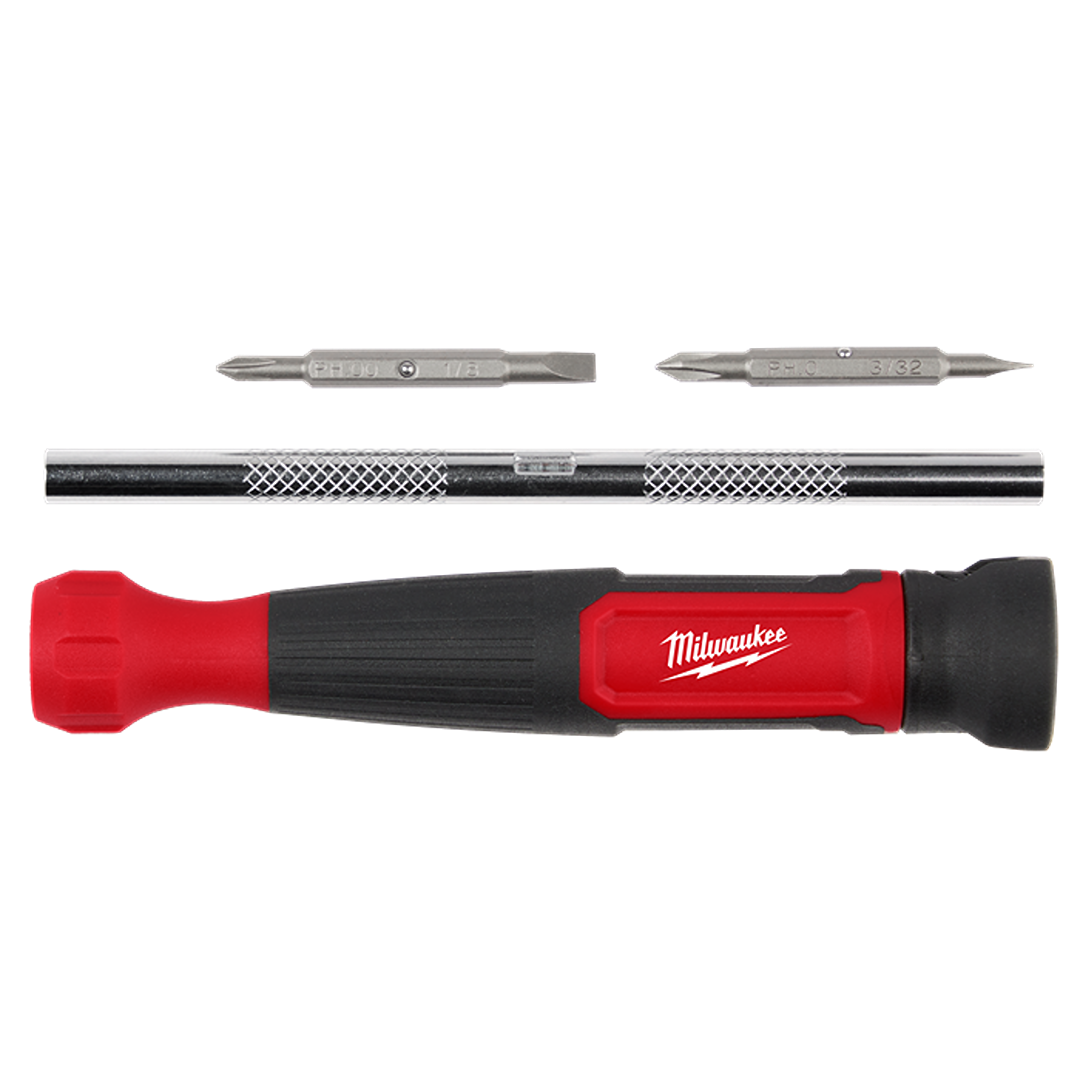 Red and black precision multi-bit screwdriver with two metal bits and ergonomic grip for home improvement tasks