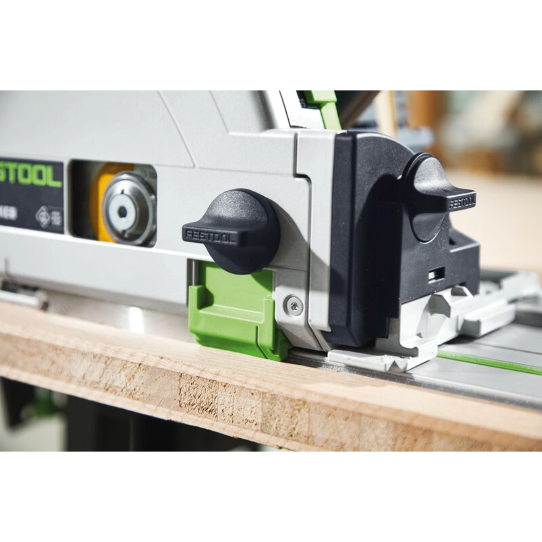 Close-up of Festool track saw with focus on adjustment knobs and splinter guard in saw accessories collection
