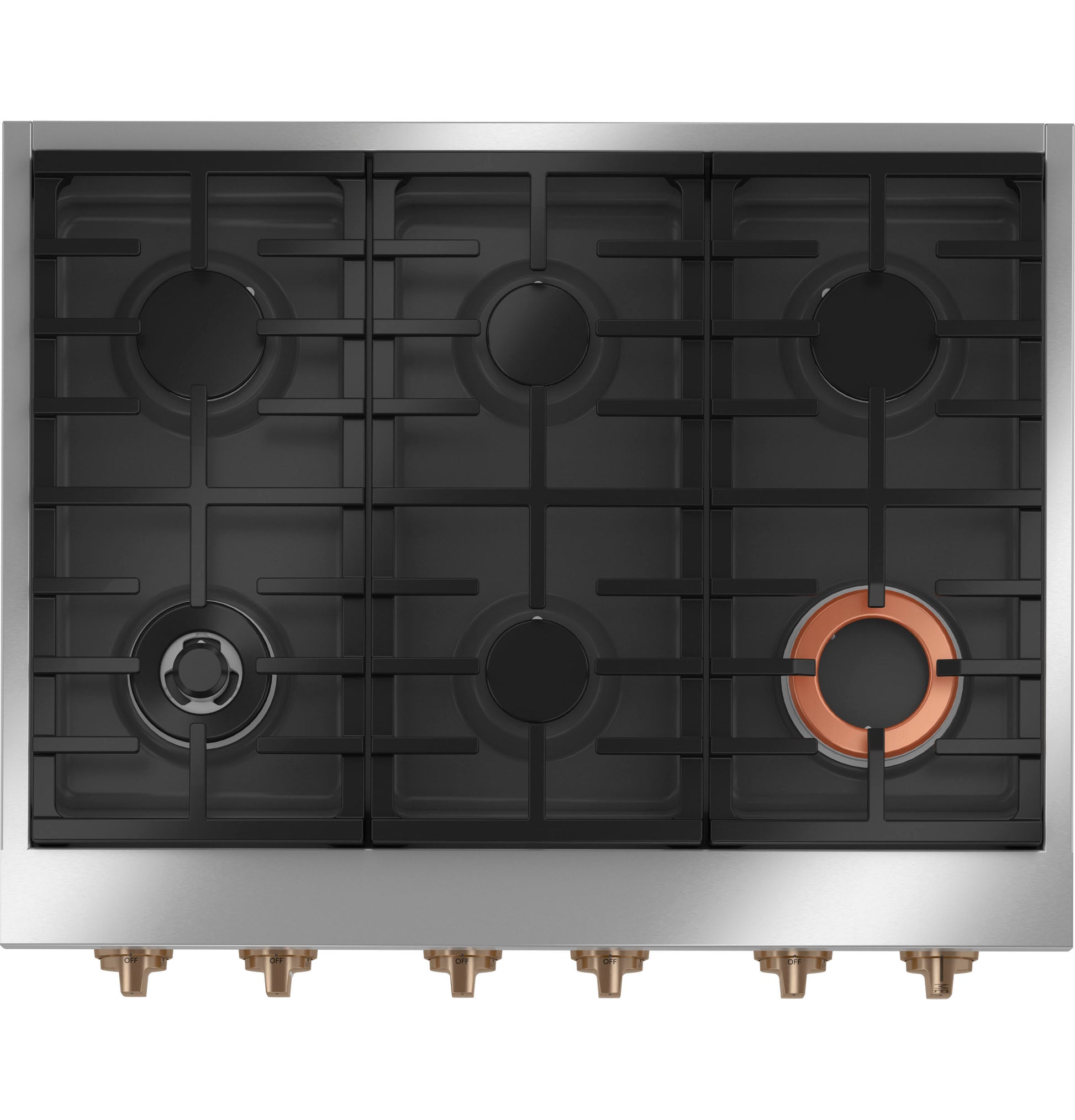 Stainless steel commercial-style gas cooktop with six burners and black cast iron grates in Cooktops and Appliances collections