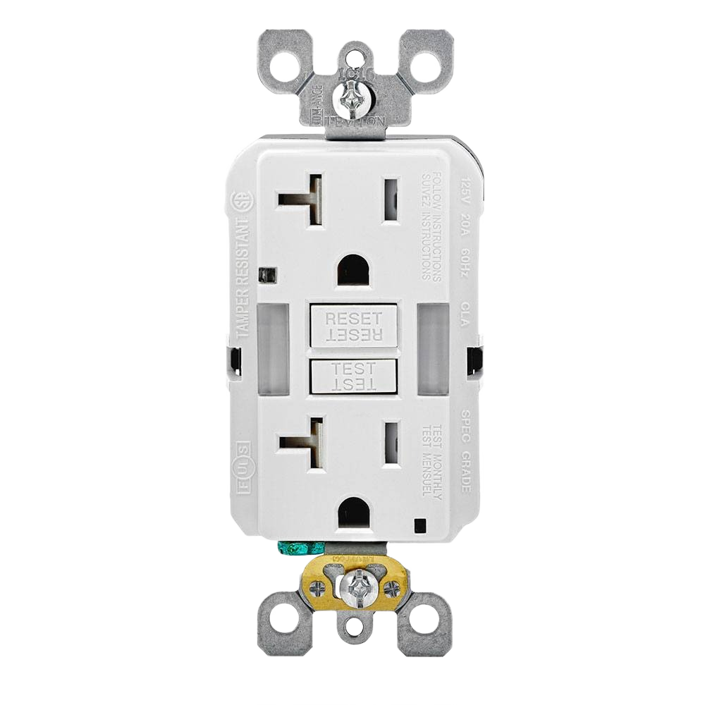 White slim-profile 125V GFCI receptacle outlet with reset and test buttons for electrical safety and home improvement use under $50