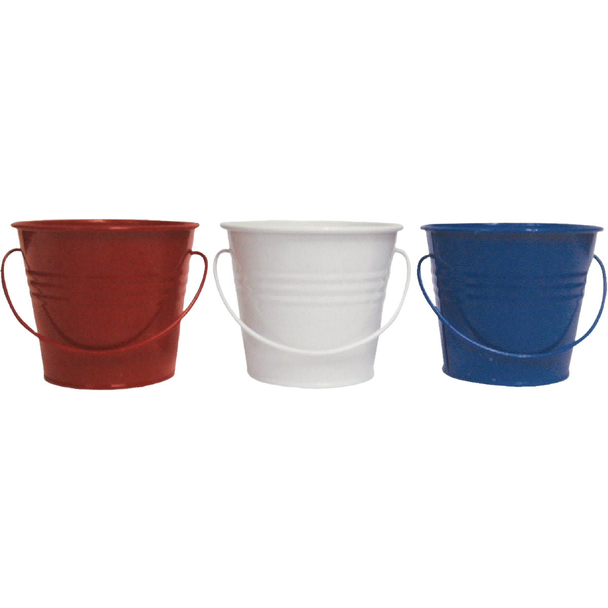 Set of three small red, white, and blue metal buckets with handles for lawn and garden insect control under $50