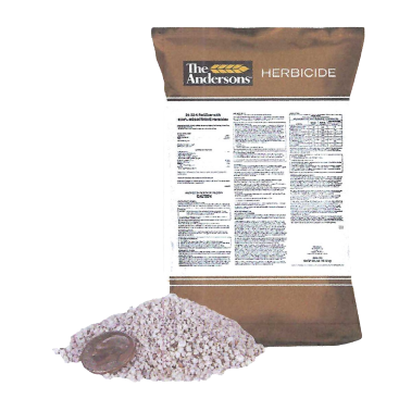 Brown and white bag of controlled-release pre-emergent herbicide fertilizer with granules for lawn care and garden use