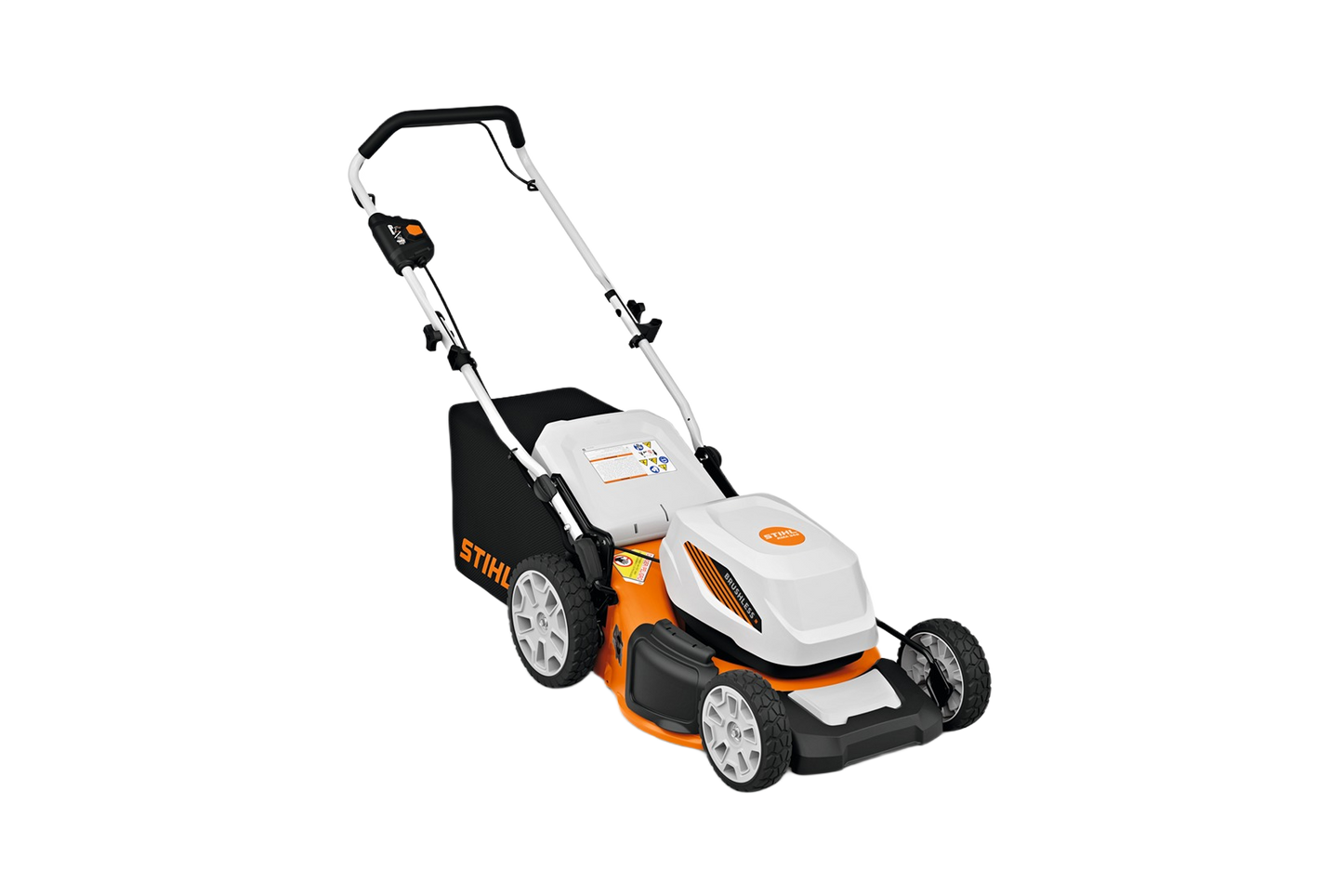Battery-powered self-propelled lawn mower with brushless motor, durable steel deck, adjustable handle, and rear grass collection bag for outdoor power equipment.