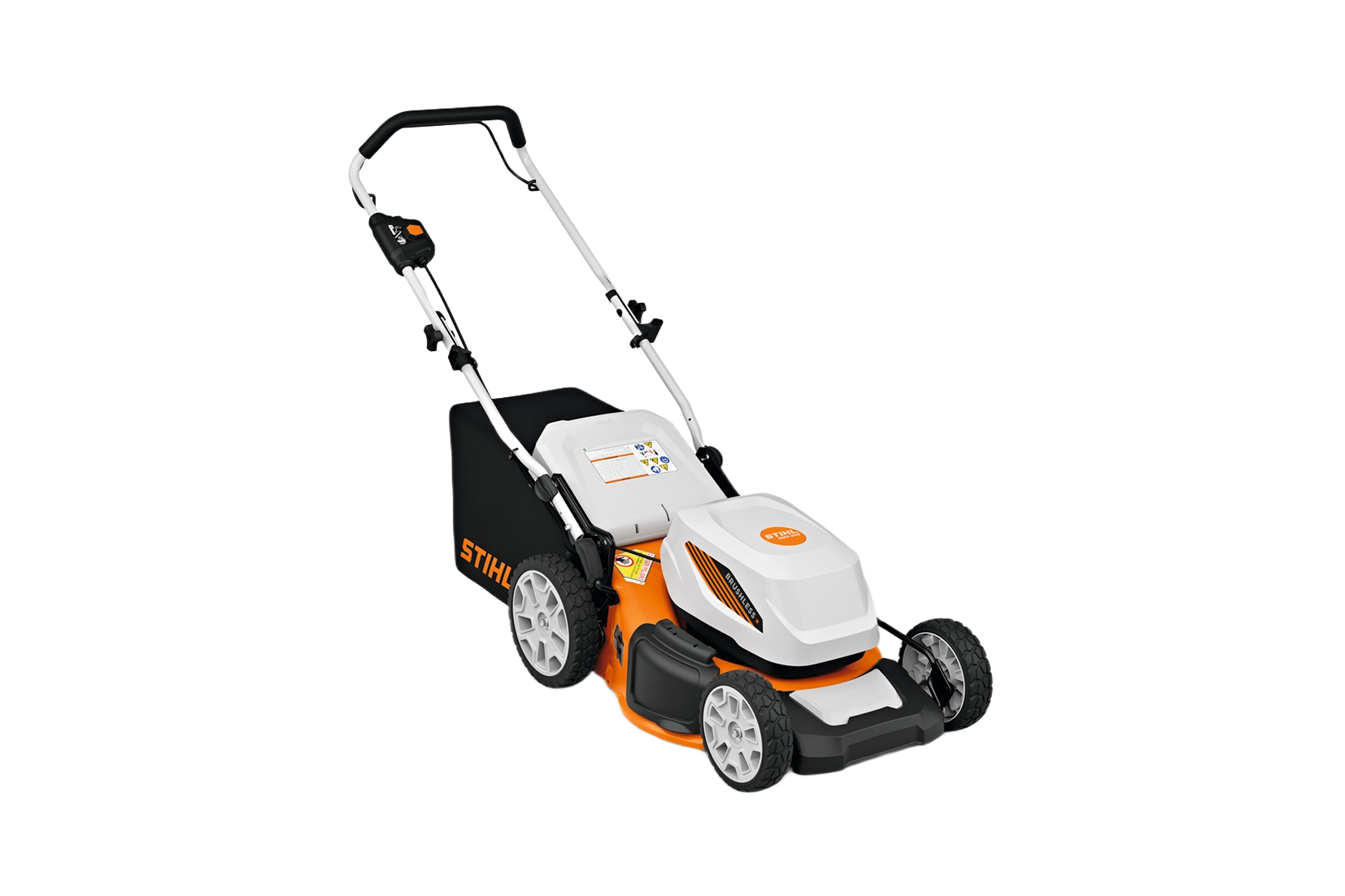 Battery-powered self-propelled lawn mower with brushless motor, durable steel deck, adjustable handle, and rear grass collection bag for outdoor power equipment.