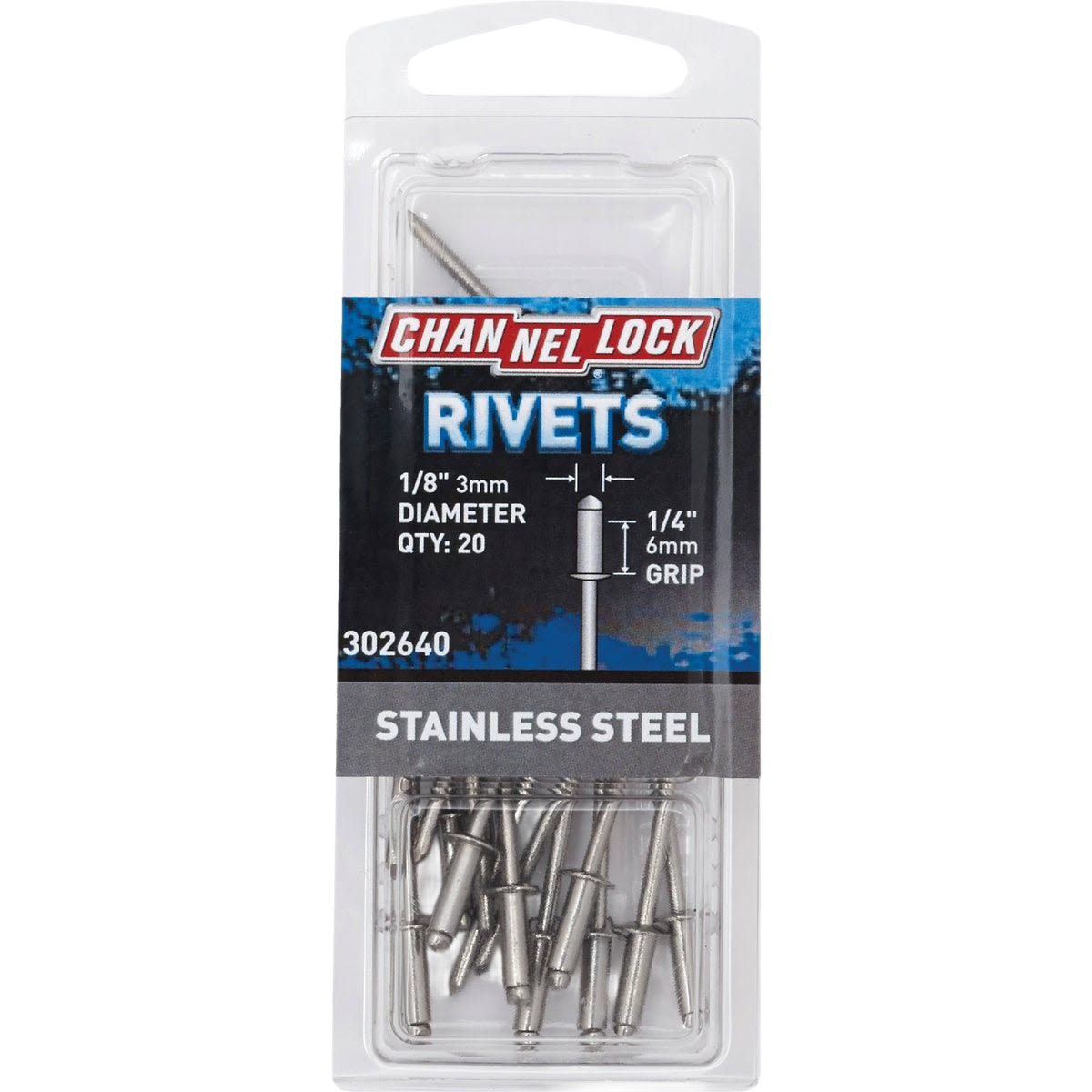 Clear plastic package of stainless steel rivets with 1/8 inch diameter and 1/4 inch grip for tools and home improvement tasks