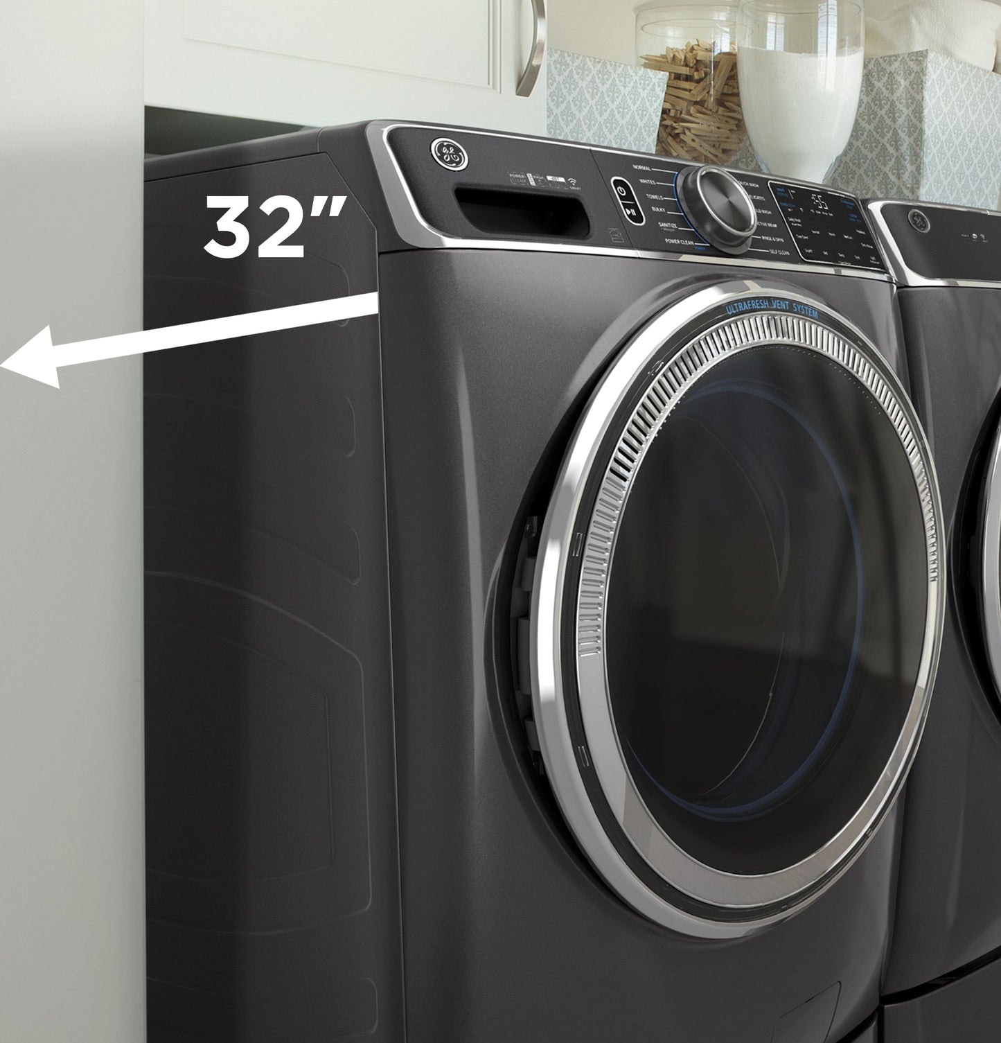 Dark gray front load washer with digital controls and 32-inch clearance measurement in home appliances setting