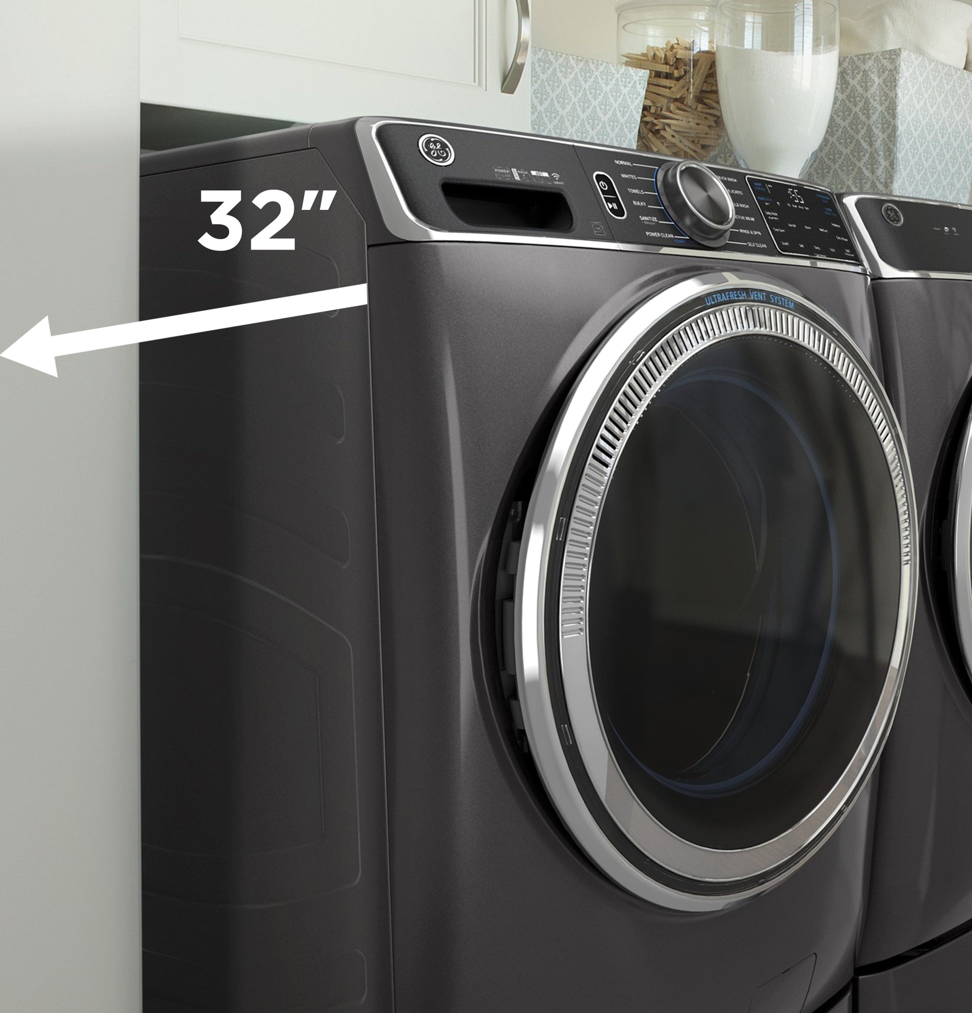 Dark gray front load washer with digital controls and 32-inch clearance measurement in home appliances setting