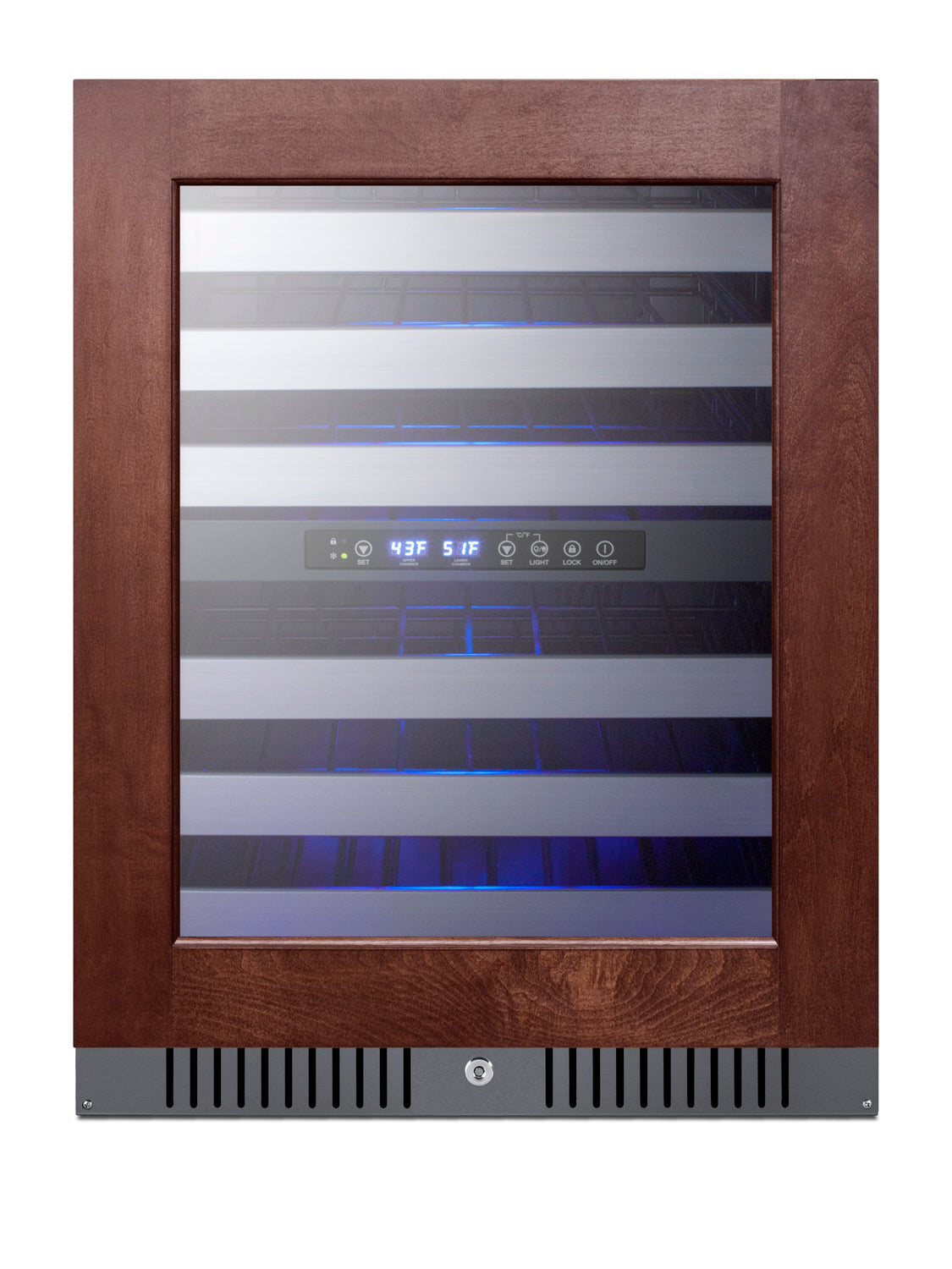 Built-in dual zone wine cellar with wooden frame, seamless glass door, digital controls in kitchen and appliances collection