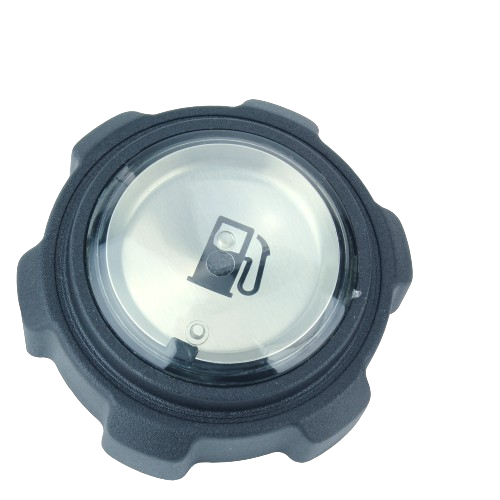 Black fuel tank filler cap with metallic center and fuel pump icon for automotive and tractor parts collections under $50
