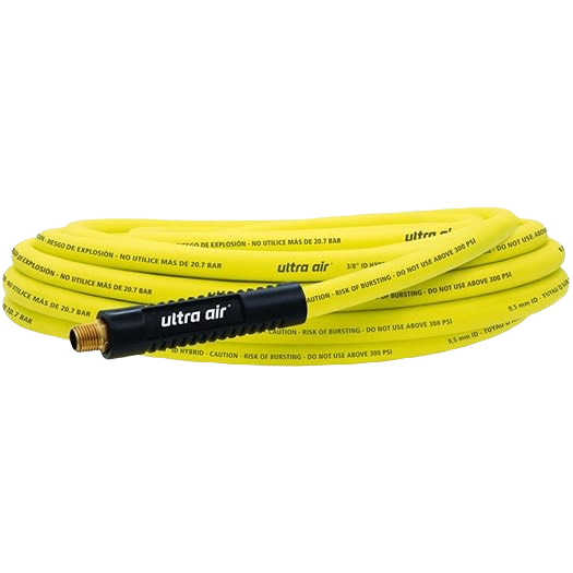 Yellow flexible hybrid air hose with black connector and brass fittings for tools and home improvement projects