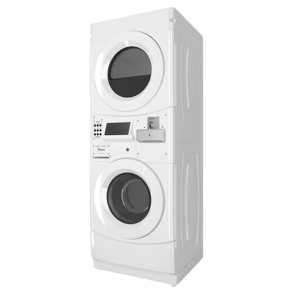 White commercial stack washer and dryer combo with coin-operated controls in appliance laundry centers collection