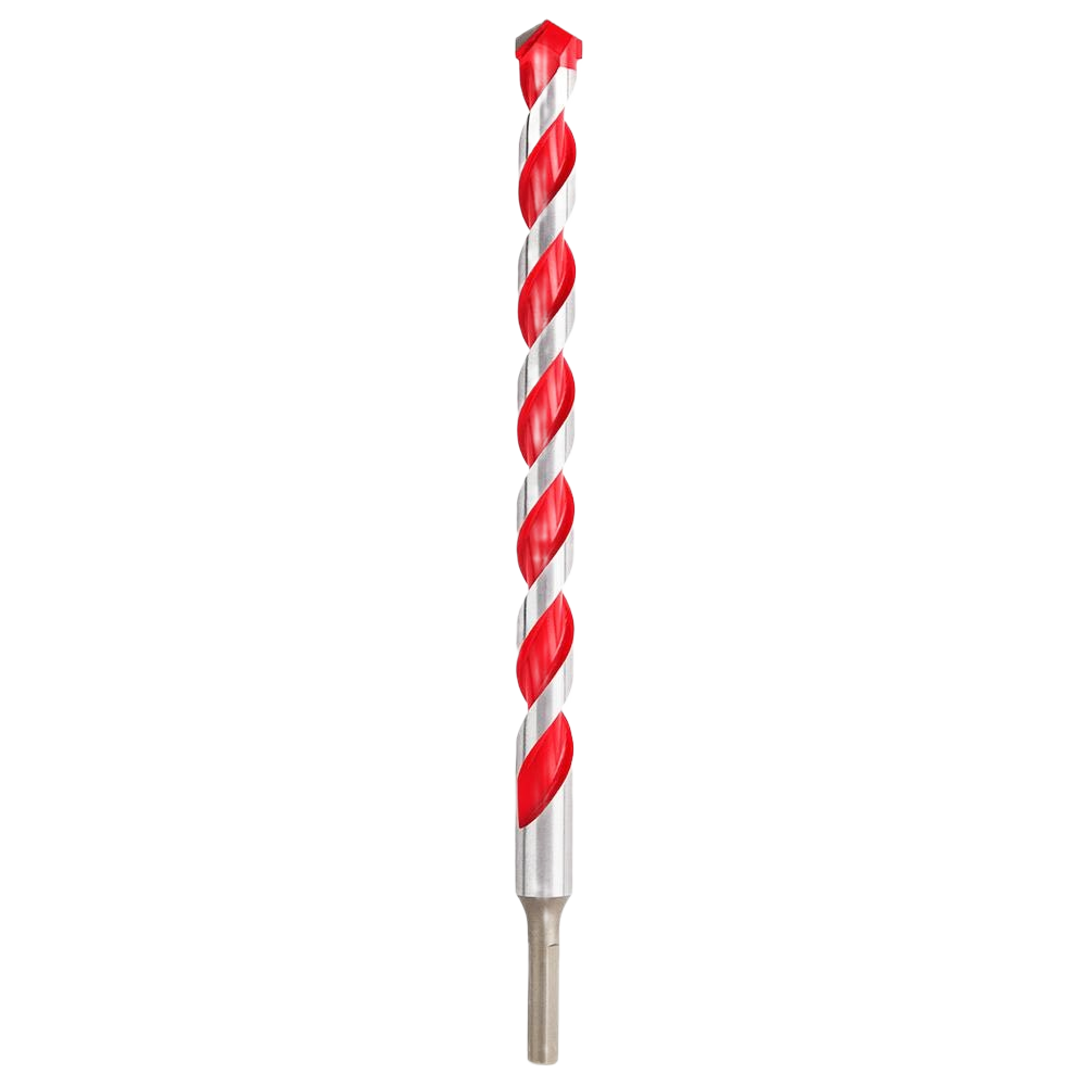 Carbide-tipped hammer drill bit with red spiral flutes for durable concrete and masonry drilling in power tool accessories collections