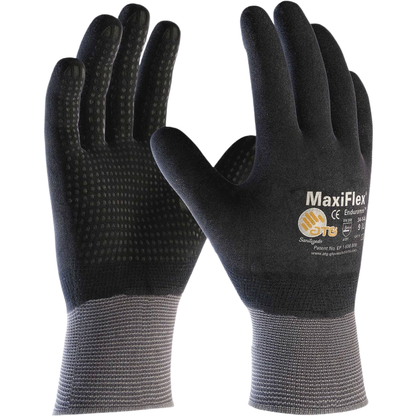 Pair of black seamless knit nylon work gloves with nitrile micro-foam grip dots, designed for comfort and dexterity in hardware and safety tasks.