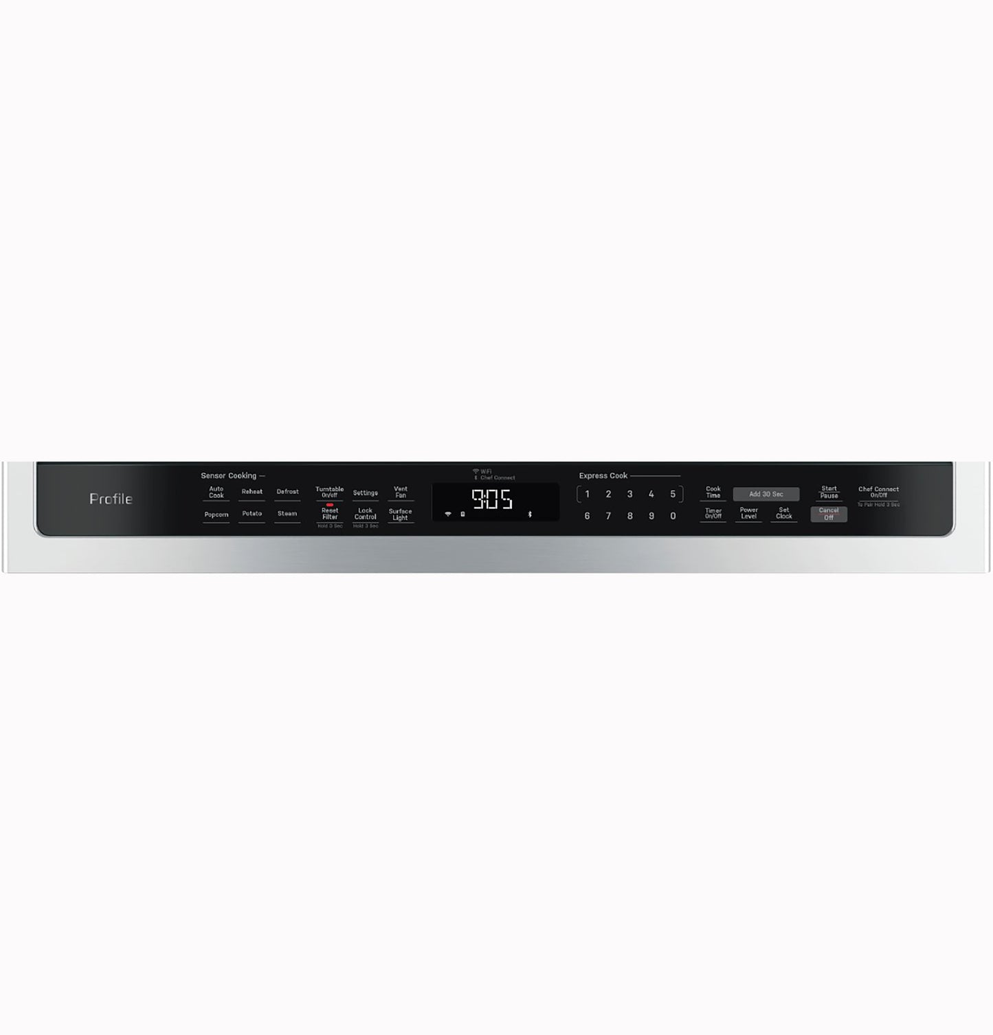Control panel for GE Profile 2.1 Cu. Ft. over-the-range sensor microwave with digital clock and sensor cooking options