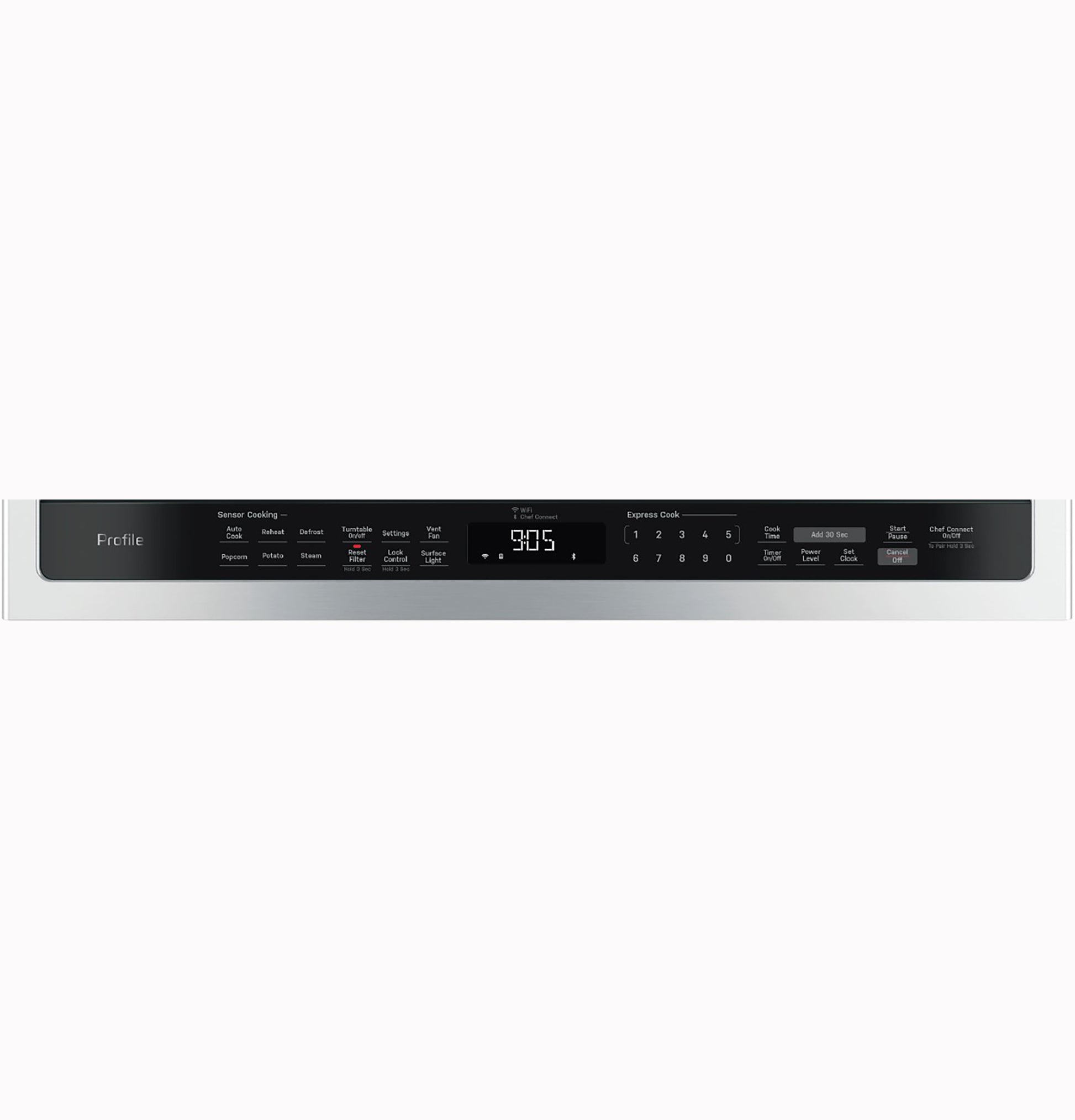 Control panel for GE Profile 2.1 Cu. Ft. over-the-range sensor microwave with digital clock and sensor cooking options