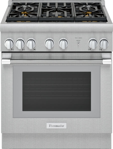 Stainless steel gas range with six star burners and eight control knobs in Thermador gas ranges collection