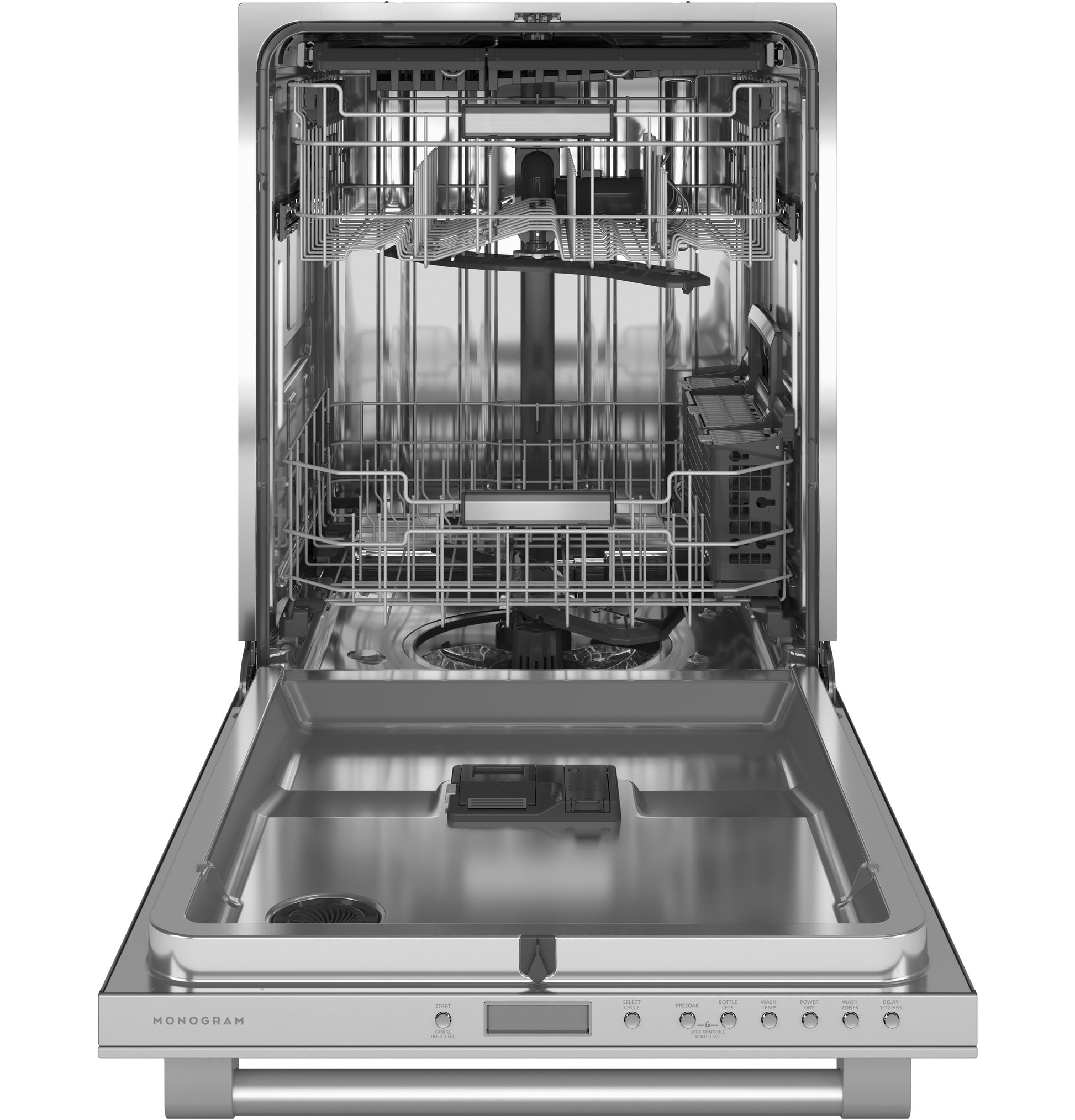 Open stainless steel built-in dishwasher showcasing upper and lower racks and control panel from Appliances collection