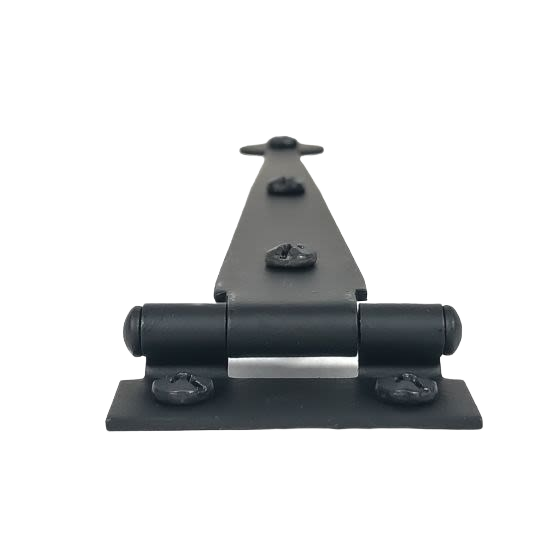 Pair of smooth black metal cabinet strap hinges with heart-shaped ends and mounting screws for home improvement tasks