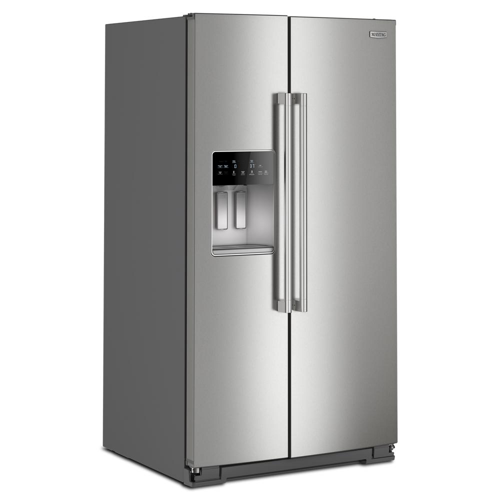 36-inch wide side-by-side stainless steel refrigerator with external water dispenser for kitchen appliances and home improvement