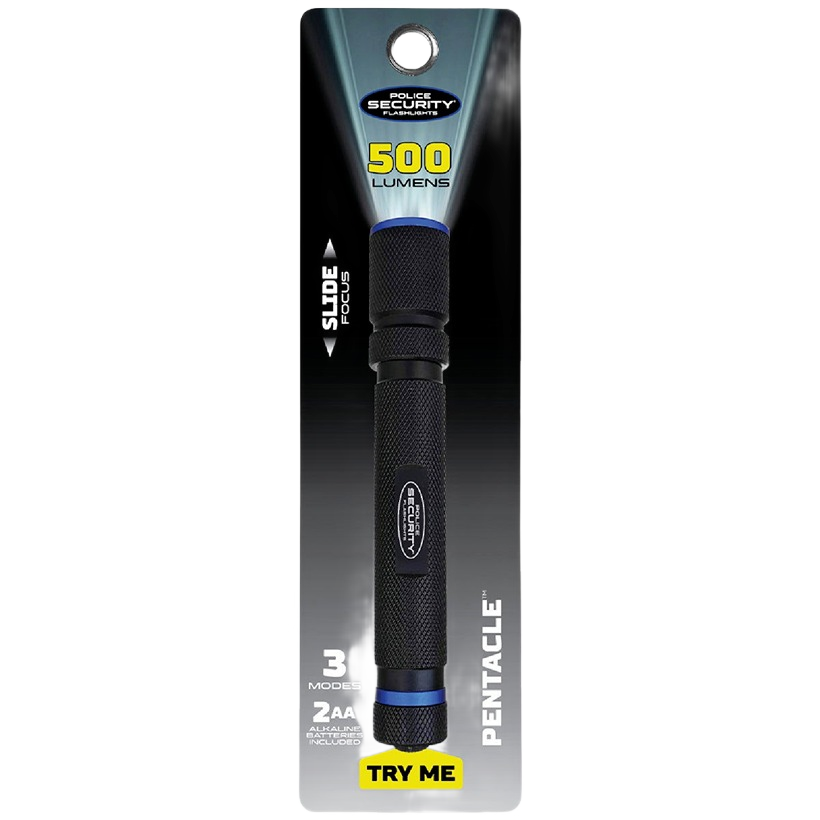 Black textured Police Security flashlight with blue accents, slide focus, and 3 brightness modes for tools and home improvement use