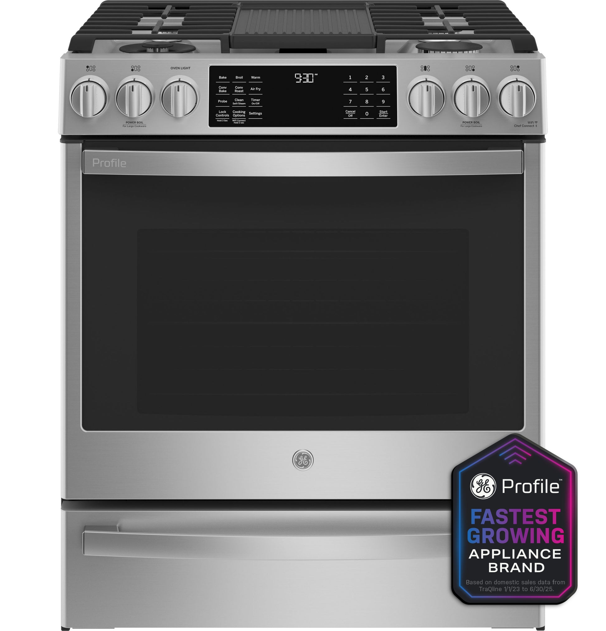 Front view of fingerprint-resistant stainless steel smart dual fuel slide-in range in kitchen appliances collection
