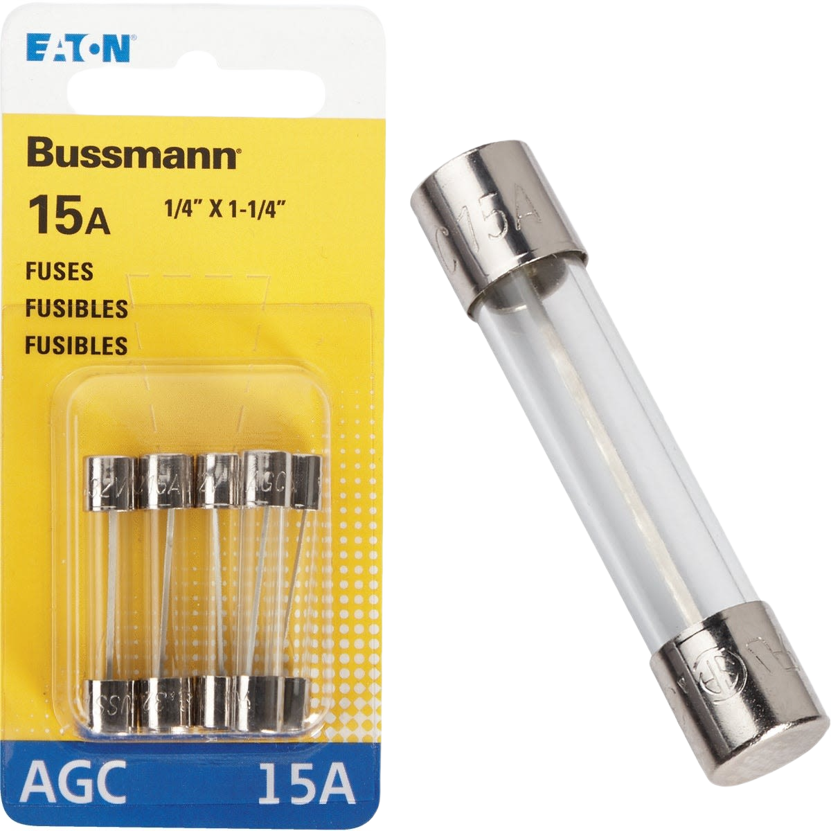Pack of five Bussmann 15 amp glass tube automotive fuses designed for tools and home improvement projects