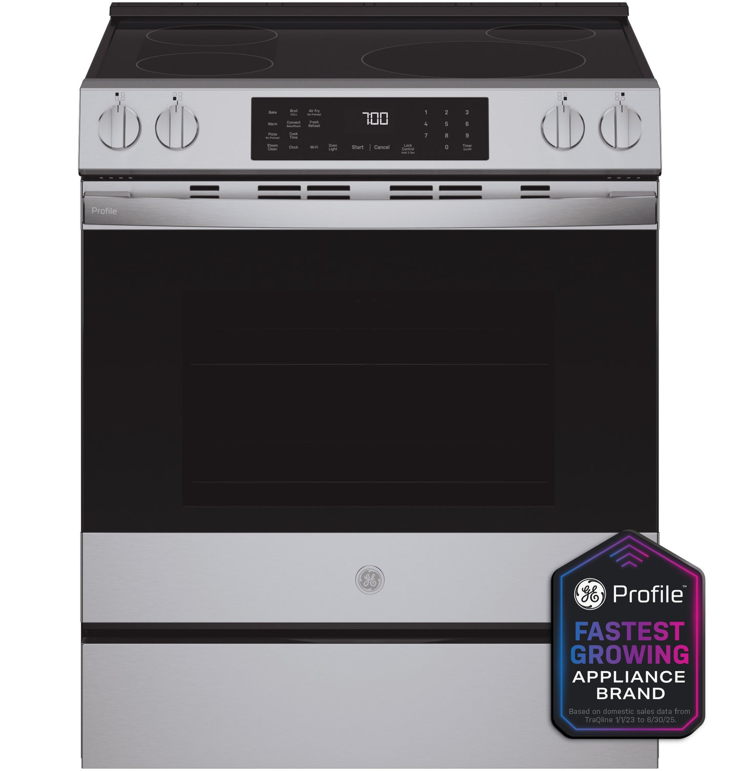 Front view of stainless steel slide-in induction range with digital control panel and four cooking zones in kitchen appliances collection