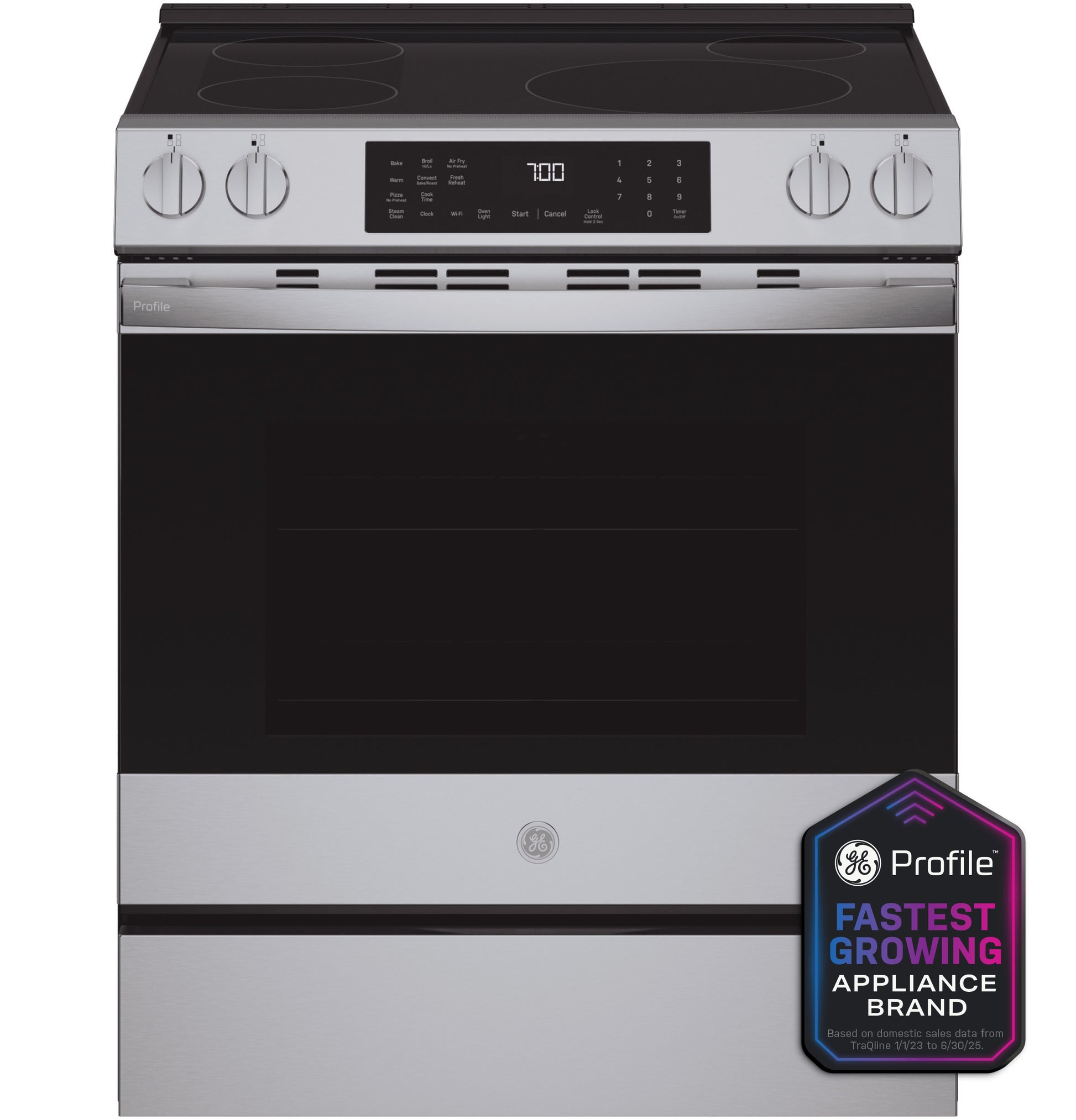 Front view of stainless steel slide-in induction range with digital control panel and four cooking zones in kitchen appliances collection