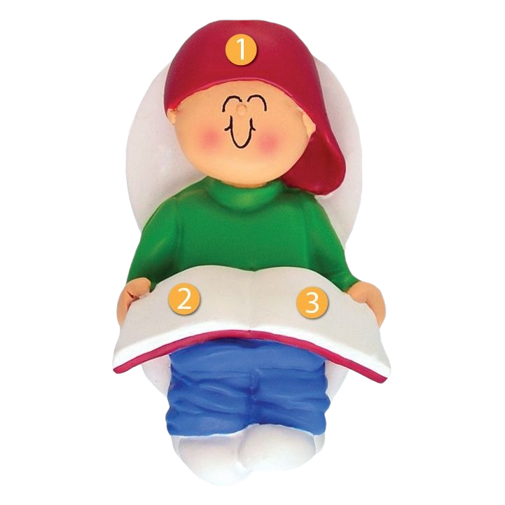 Child figurine ornament in green shirt and red cap sitting with open book holiday decoration under $50 collection