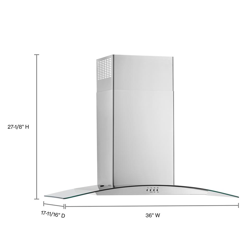 Stainless steel and glass wall mount range hood with curved canopy and push button controls in kitchen appliances collection
