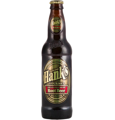 Brown glass bottle of Hank’s gourmet root beer with gold and red label for a classic beverage choice