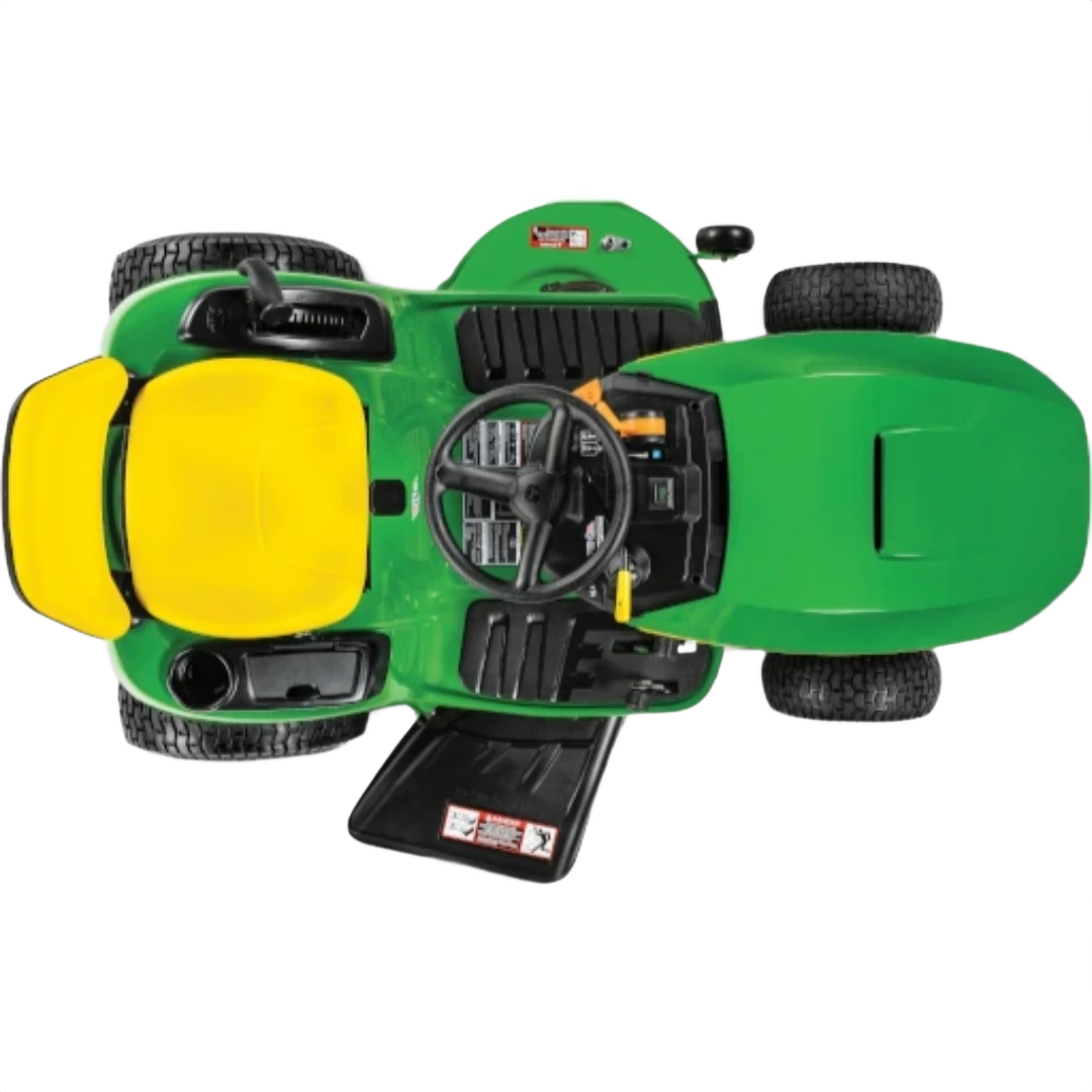 Top view of green and yellow riding lawn tractor with steering wheel and ergonomic seat for tools and home improvement tasks