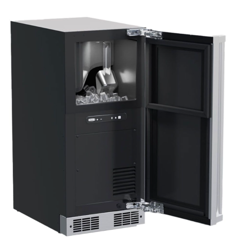 Black professional clear ice machine with pump, open door showing clear ice storage in Appliances and Kitchen collections