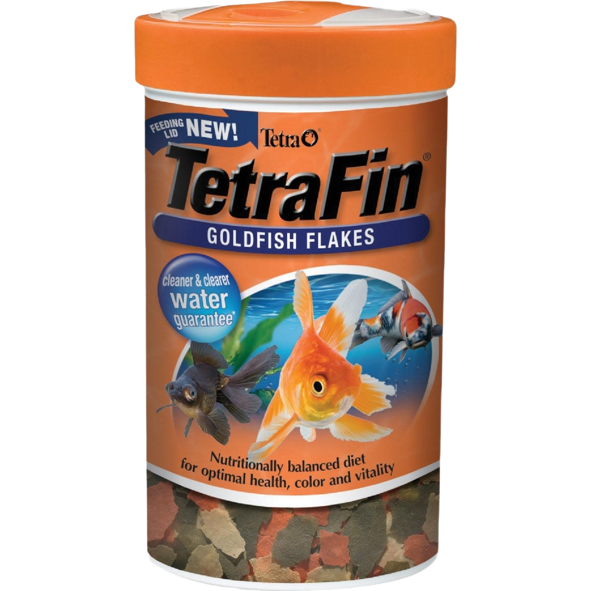 Orange container of TetraFin goldfish flakes fish food with colorful fish image and clear water guarantee badge