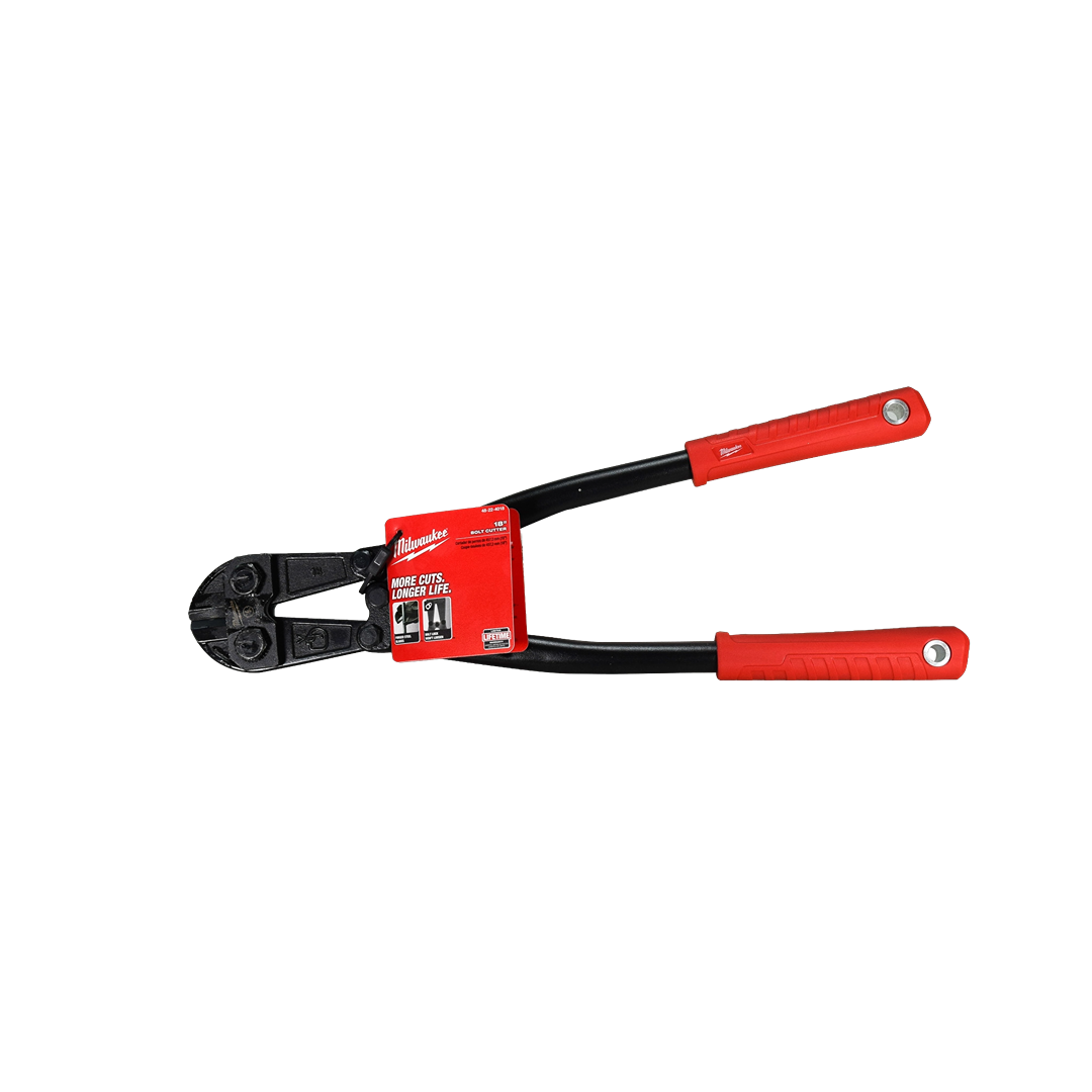 Red and black bolt cutter with ergonomic handles and forged steel blades for hand tools and home improvement uses