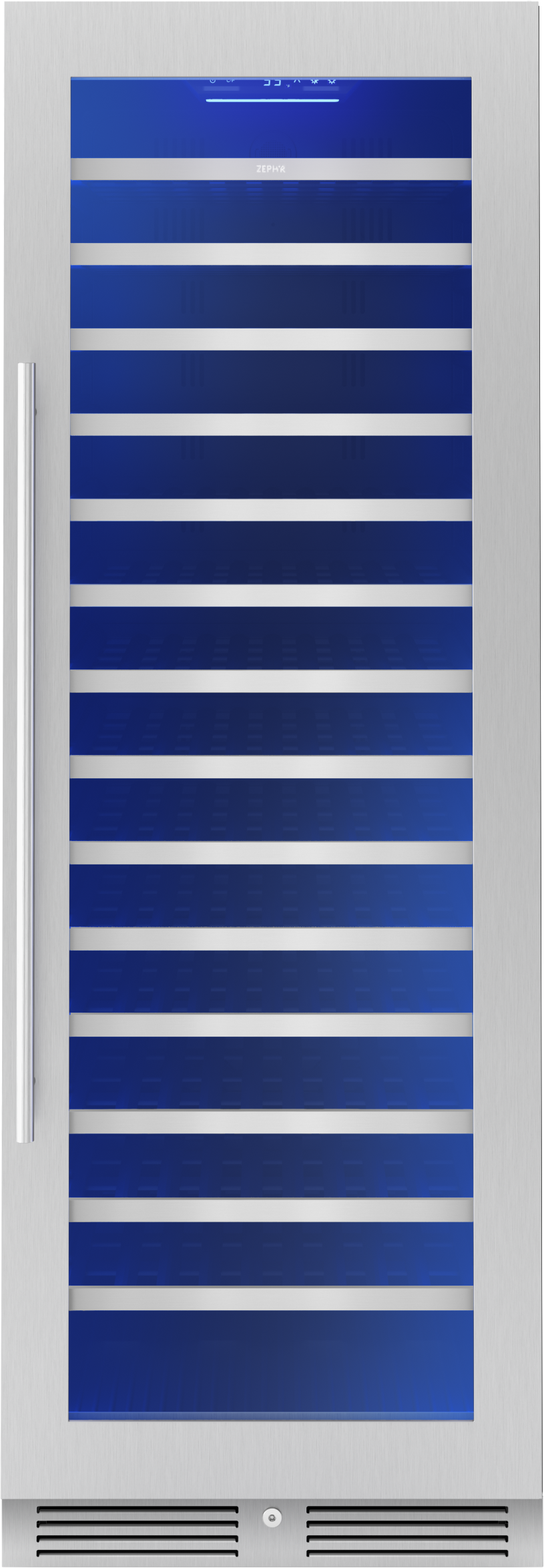 Full-size stainless steel wine cooler with blue interior light, glass door, reversible hinge, and wood shelves in kitchen appliances collection
