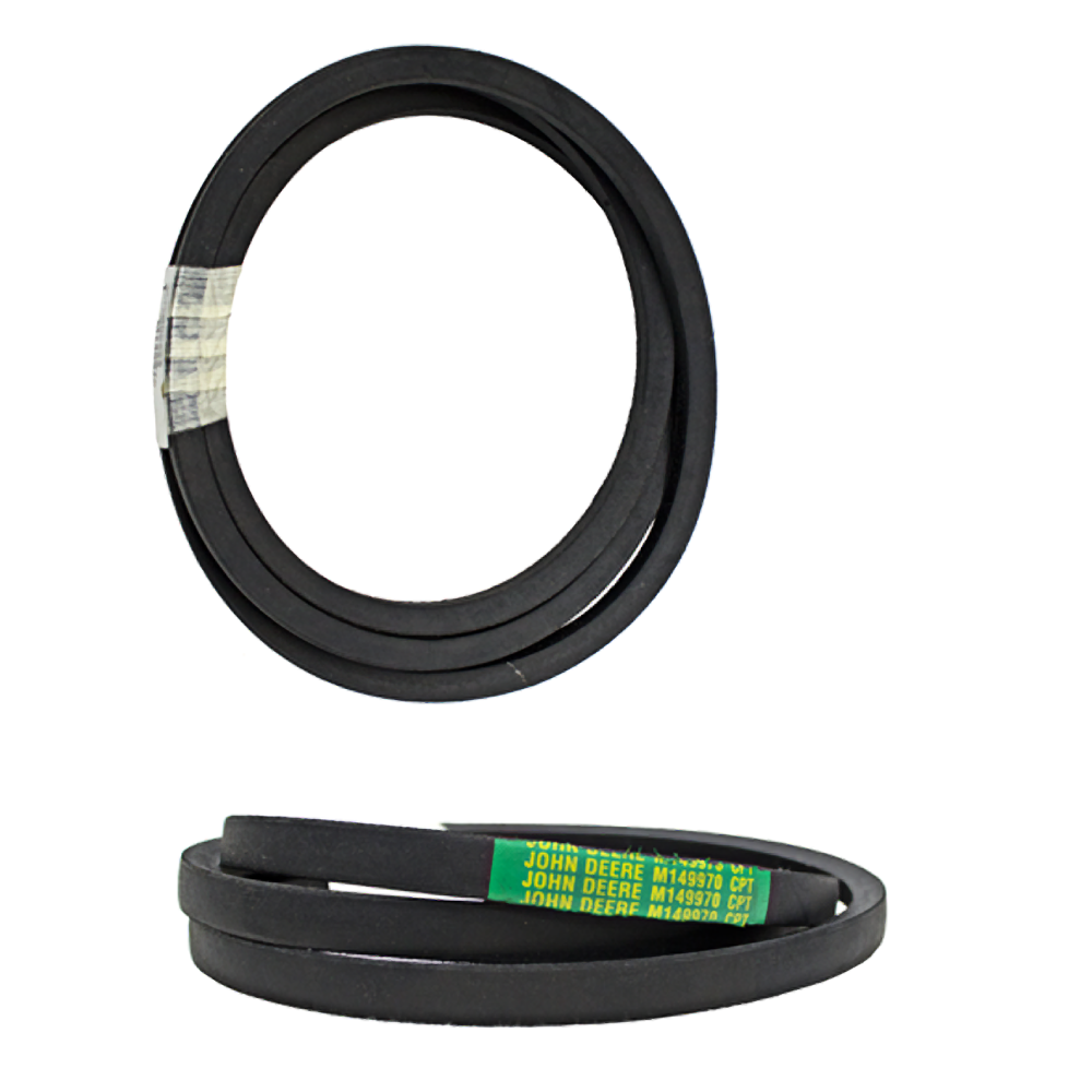 Black V-belt with green and yellow branding label designed for tools and home improvement applications