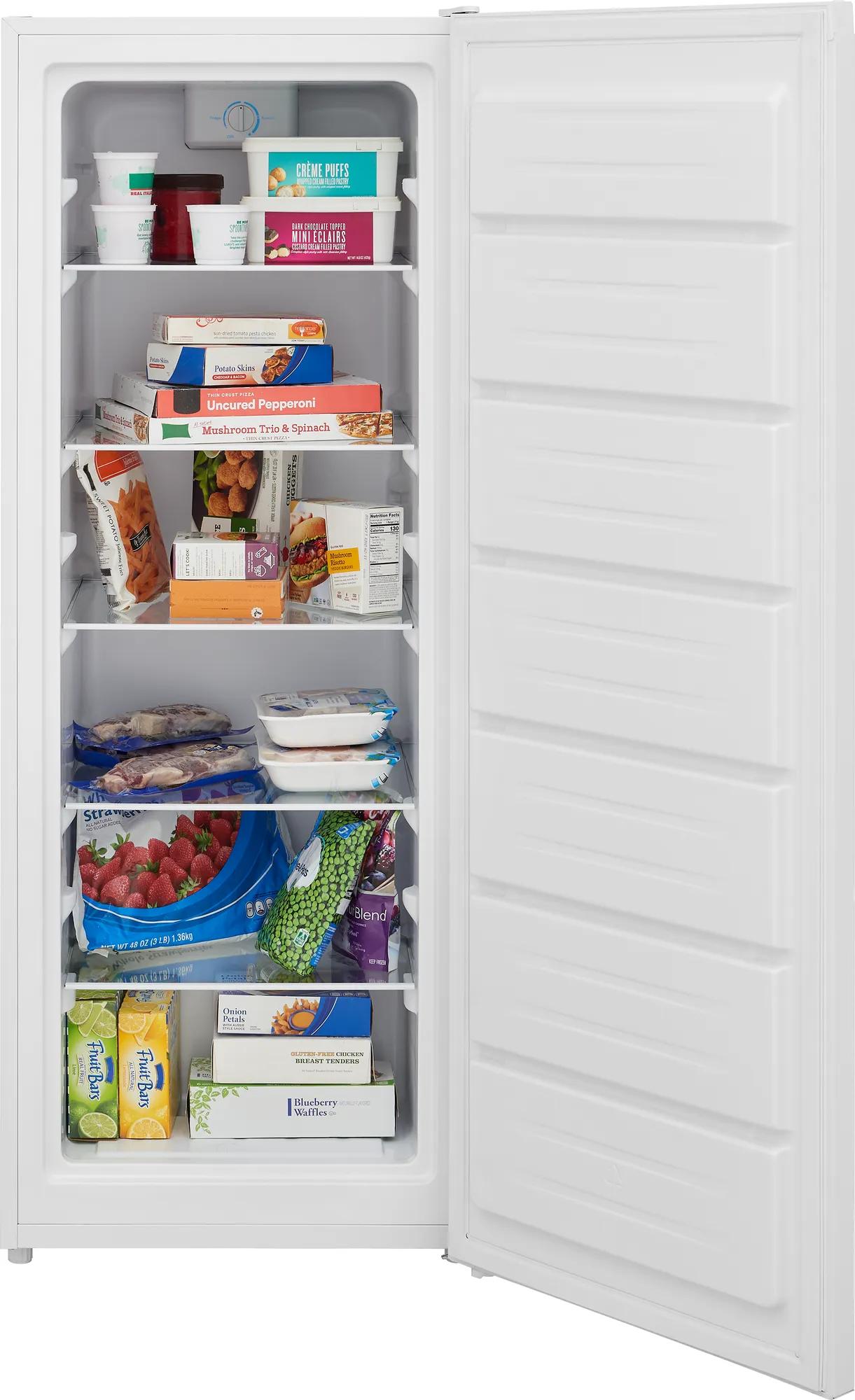Open white upright freezer showing organized frozen foods on five glass shelves, part of Freezers & Ice Makers, Kitchen & Kitchenware, All Products, and Appliances collections.