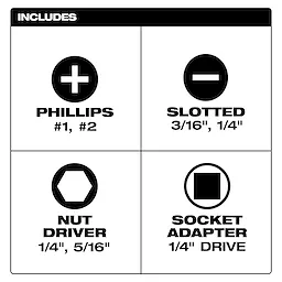 Diagram showing included Phillips, slotted, nut driver bits and socket adapter for Milwaukee 7-in-1 Multi-Bit Mini Ratchet tools and home improvement tasks