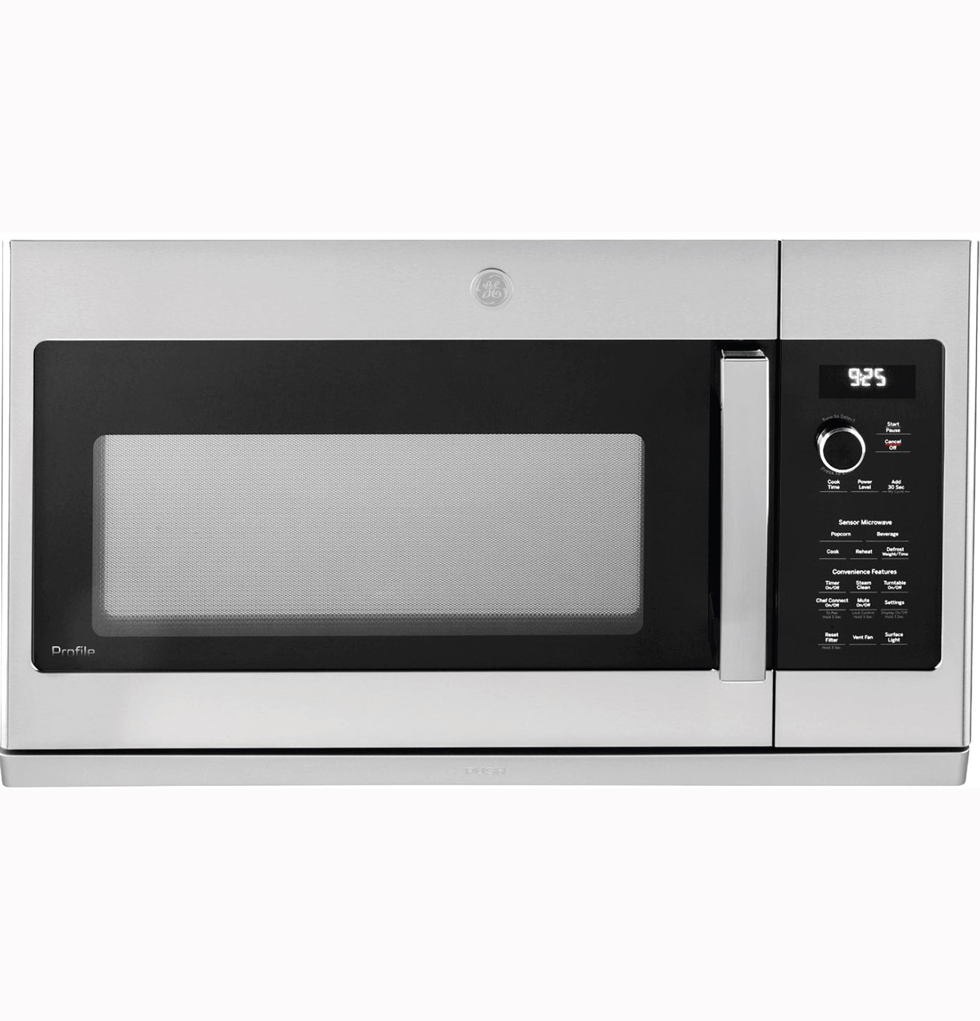 Stainless steel over-the-range microwave with digital control panel and extendable slide-out vent in kitchen appliances collection
