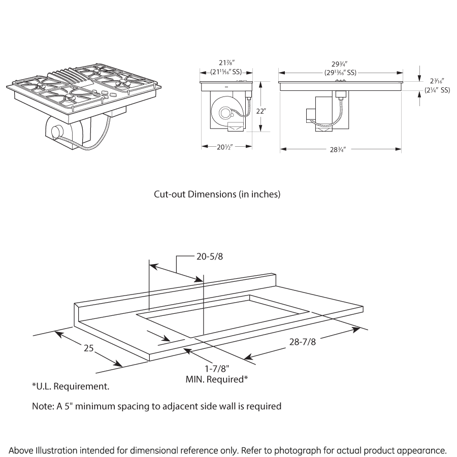 Technical line drawing showing cut-out dimensions and installation requirements for a built-in gas downdraft cooktop appliance.